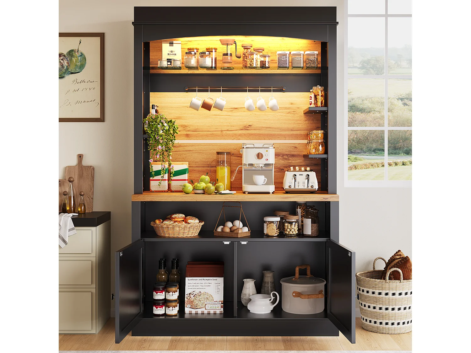 Buffet haute de cuisine - 107 x 43 x 184 cm - avec 2 portes + Leds + étagère ouverte - MDF + métal - noir