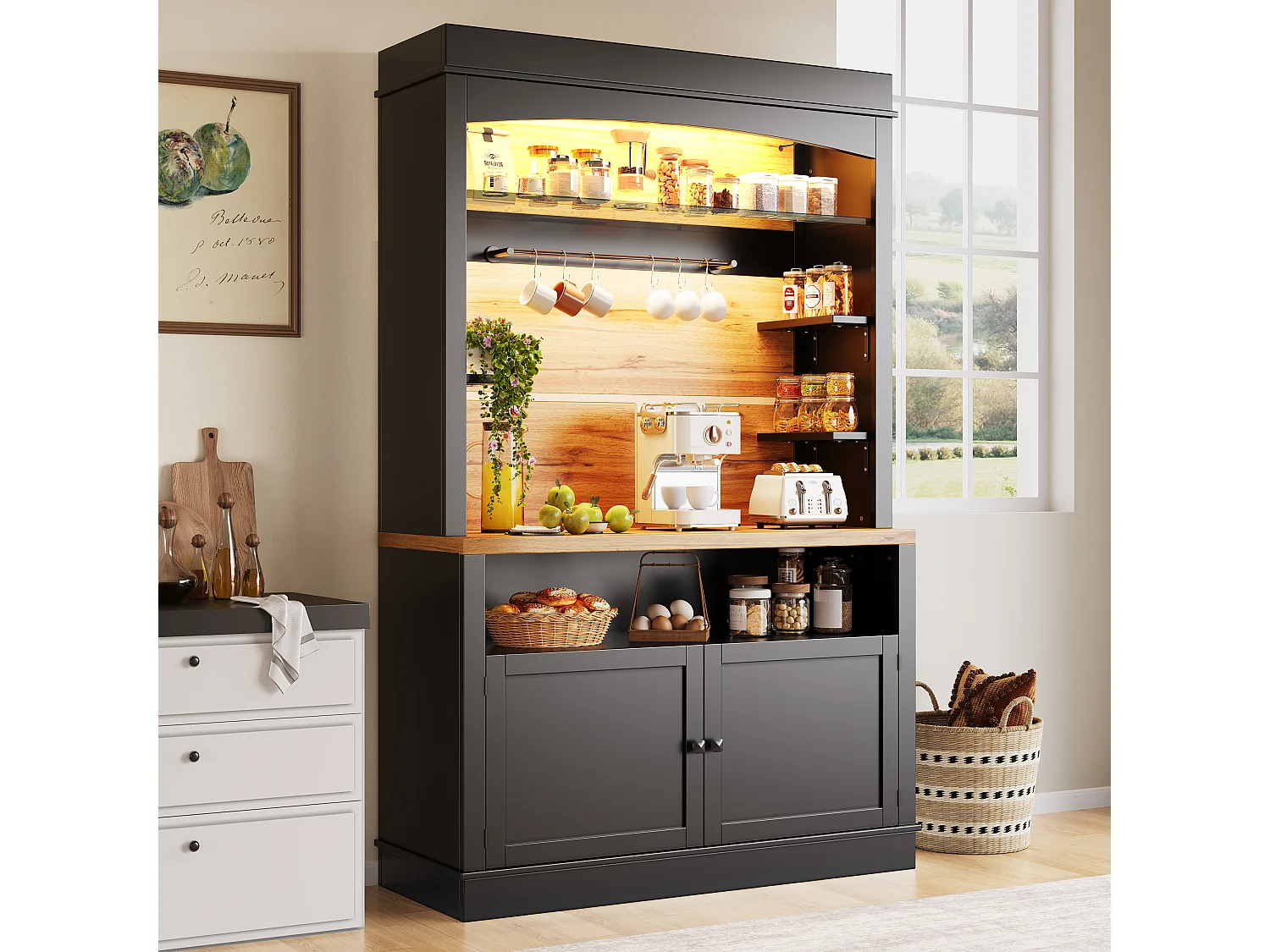 Buffet haute de cuisine - 107 x 43 x 184 cm - avec 2 portes + Leds + étagère ouverte - MDF + métal - noir