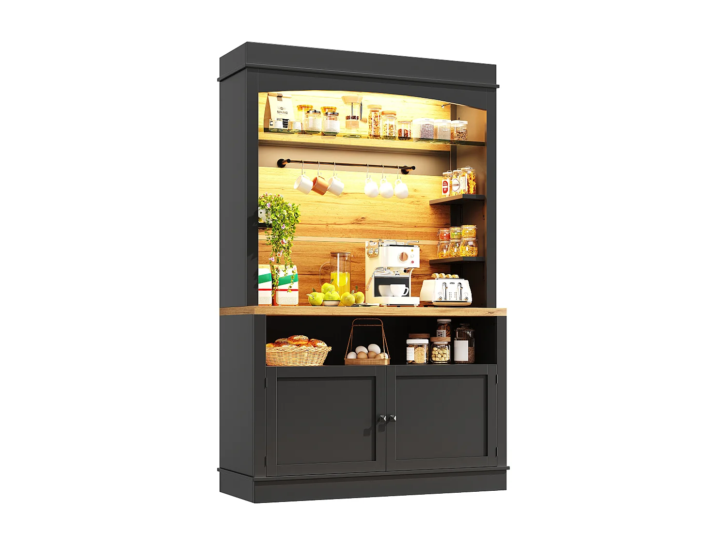 Buffet haute de cuisine - 107 x 43 x 184 cm - avec 2 portes + Leds + étagère ouverte - MDF + métal - noir