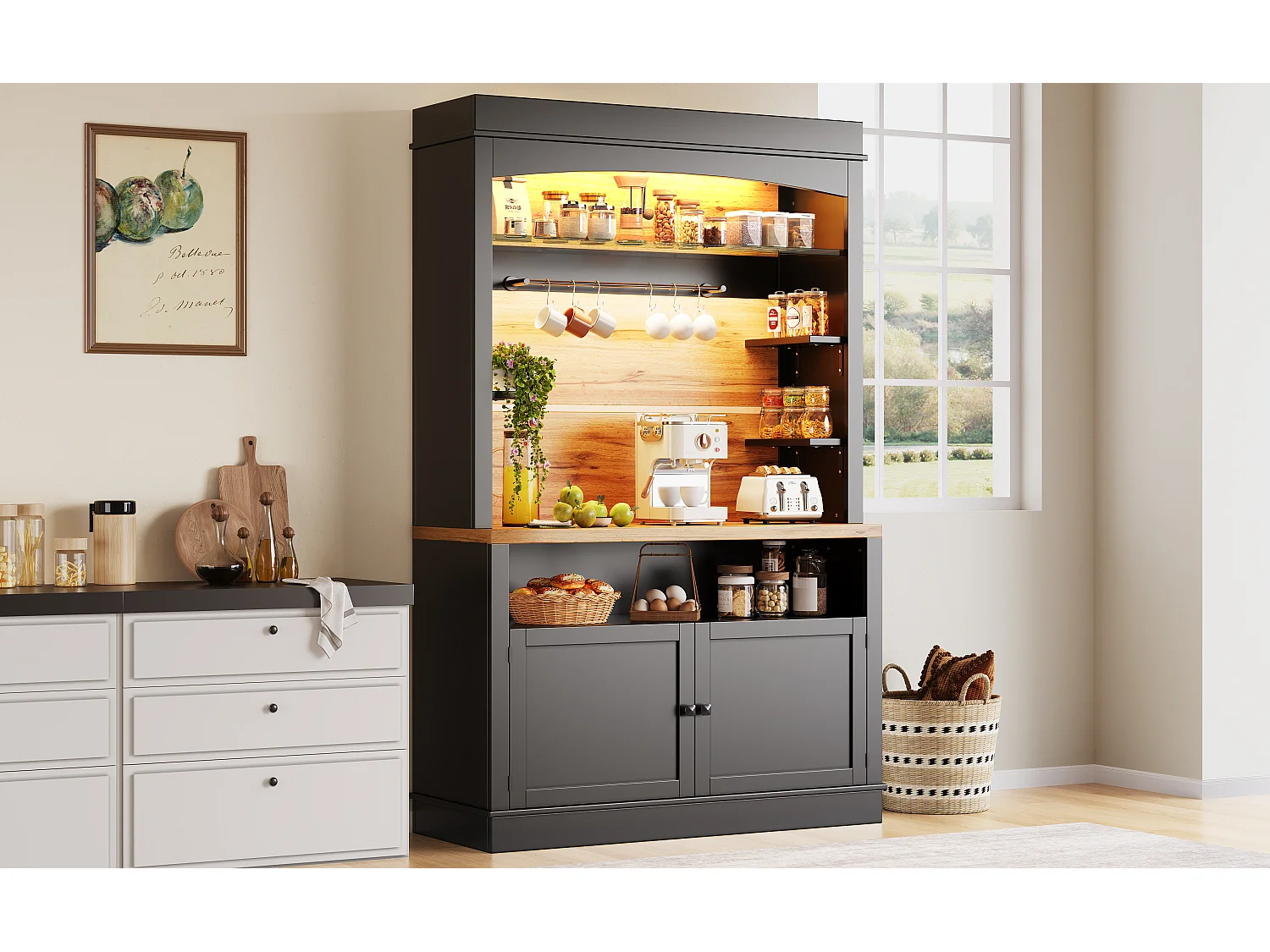 Högt köksskänk - 107 x 43 x 184 cm - med 2 dörrar + LED-lampor + öppen hylla - MDF + metall - svart