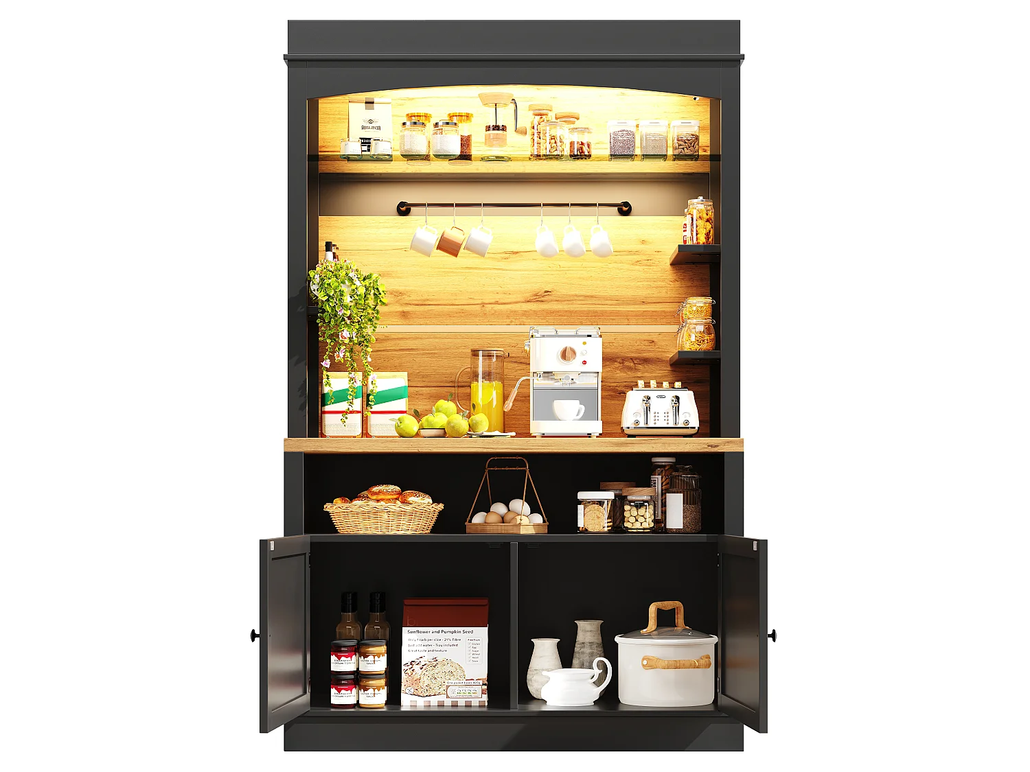 Högt köksskänk - 107 x 43 x 184 cm - med 2 dörrar + LED-lampor + öppen hylla - MDF + metall - svart