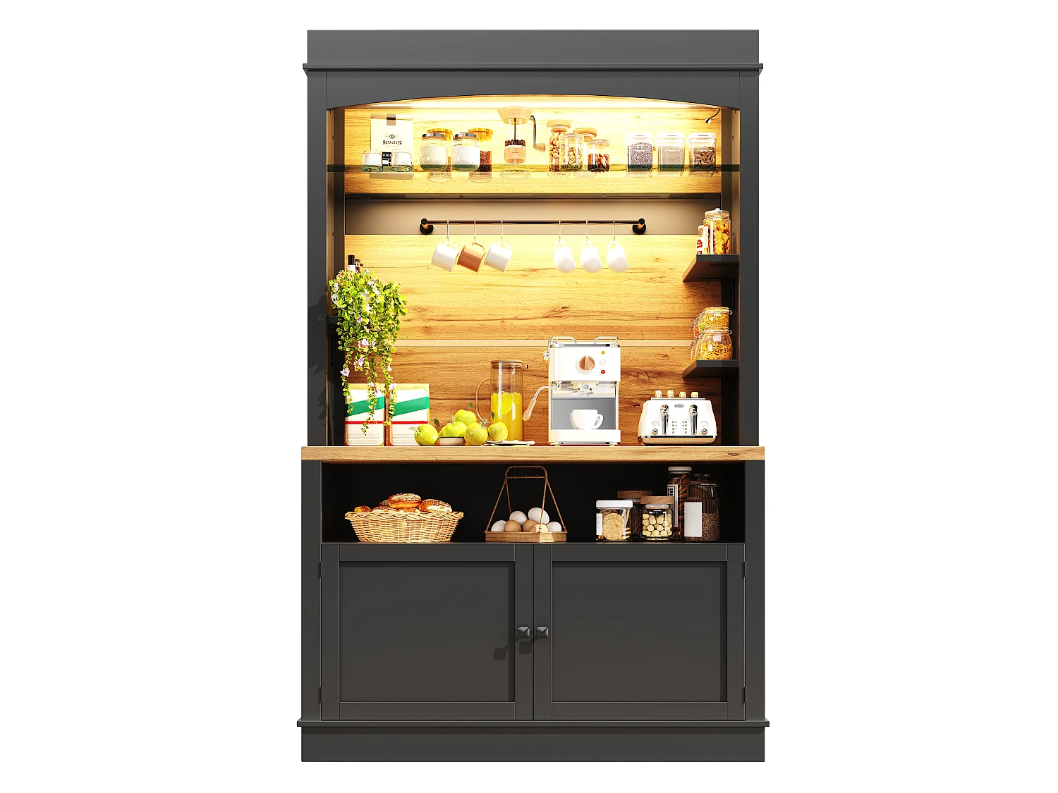 Högt köksskänk - 107 x 43 x 184 cm - med 2 dörrar + LED-lampor + öppen hylla - MDF + metall - svart