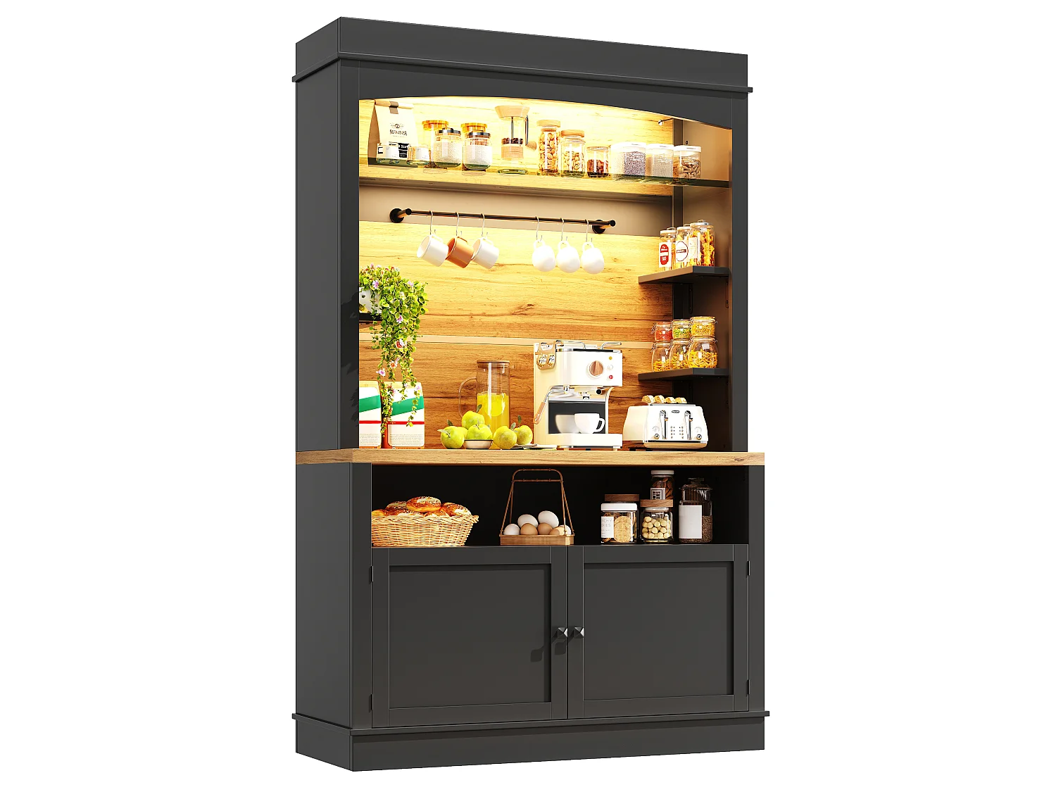 Högt köksskänk - 107 x 43 x 184 cm - med 2 dörrar + LED-lampor + öppen hylla - MDF + metall - svart