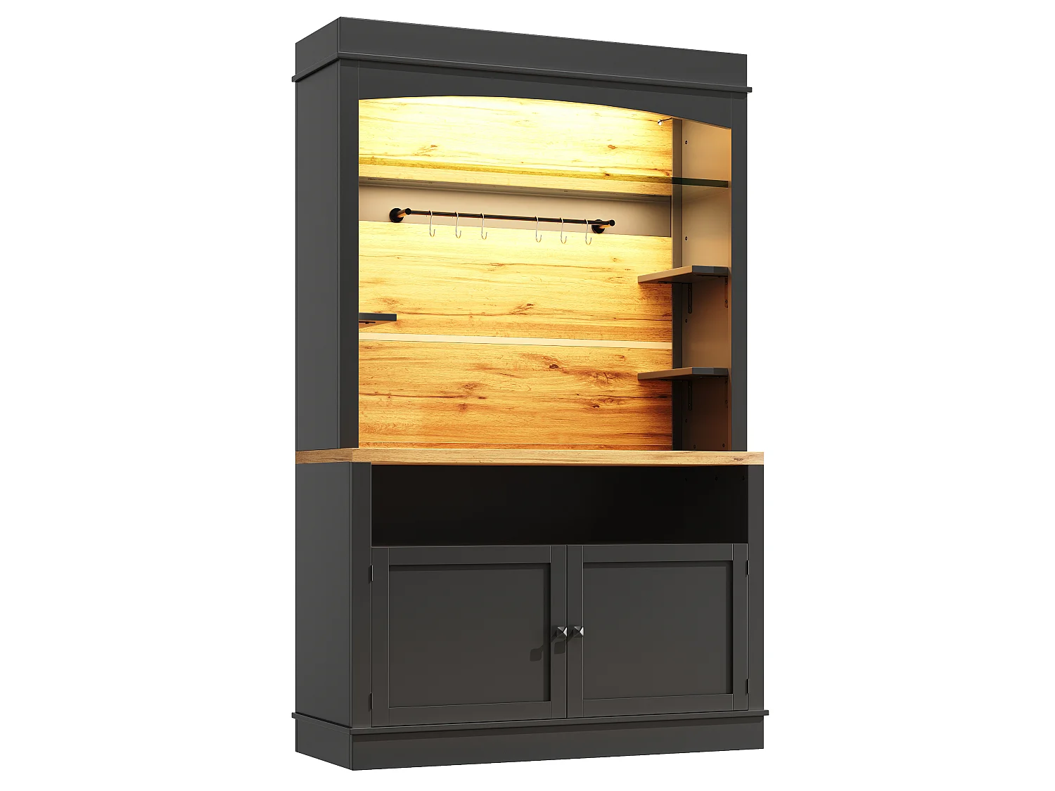 Högt köksskänk - 107 x 43 x 184 cm - med 2 dörrar + LED-lampor + öppen hylla - MDF + metall - svart