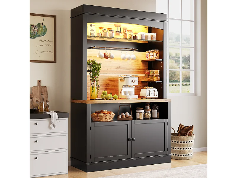 Buffet haute de cuisine - 107 x 43 x 184 cm - avec 2 portes + Leds + étagère ouverte - MDF + métal - noir