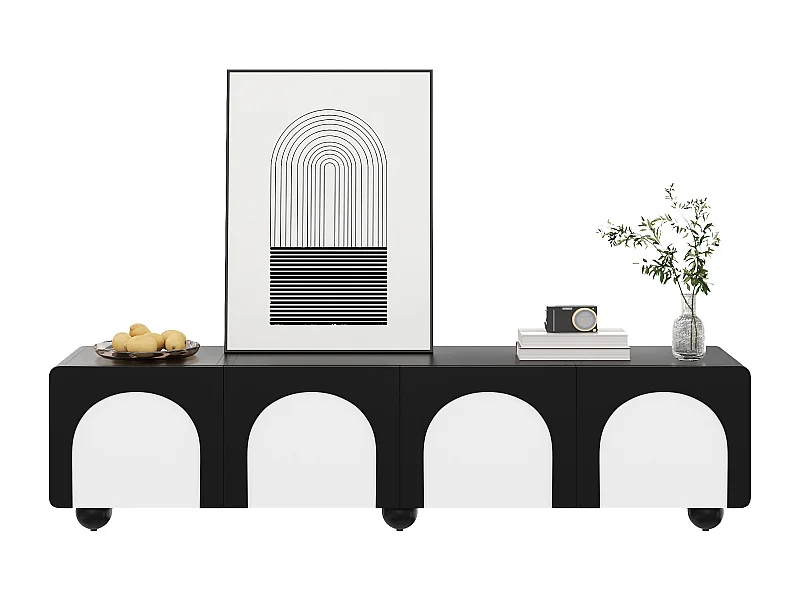 Meuble TV bas à 2 tiroirs et 2 portes - 180 x 38 x 45 cm - design classique - MDF - noir + blanc