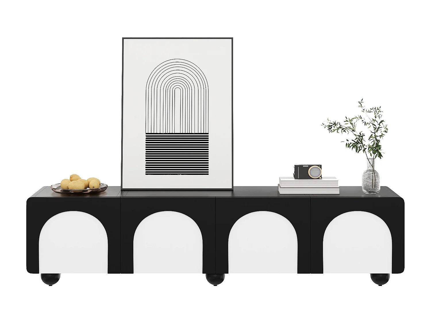 Niedriges TV-Möbel mit 2 Schubladen und 2 Türen – 180 x 38 x 45 cm – klassisches Design – MDF – schwarz + weiß