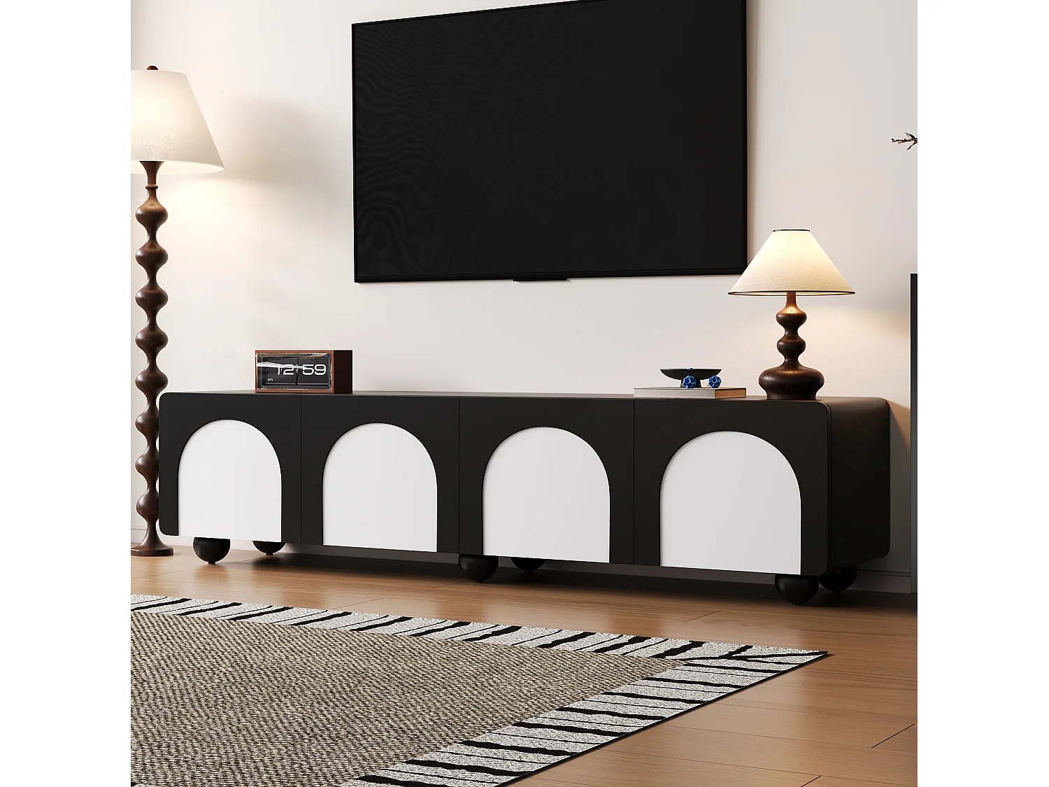 Niedriges TV-Möbel mit 2 Schubladen und 2 Türen – 180 x 38 x 45 cm – klassisches Design – MDF – schwarz + weiß