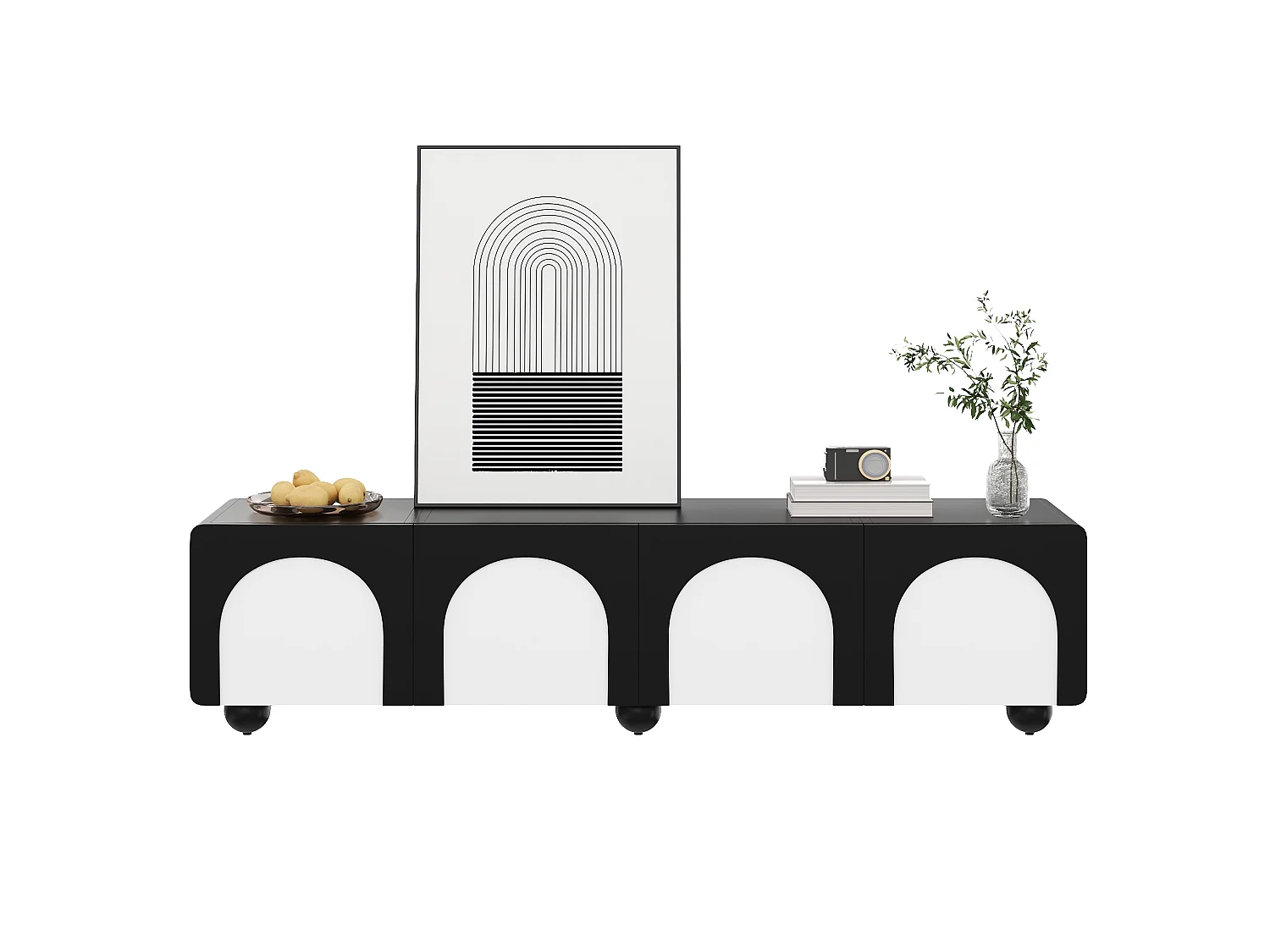 Meuble TV bas à 2 tiroirs et 2 portes - 180 x 38 x 45 cm - design classique - MDF - noir + blanc