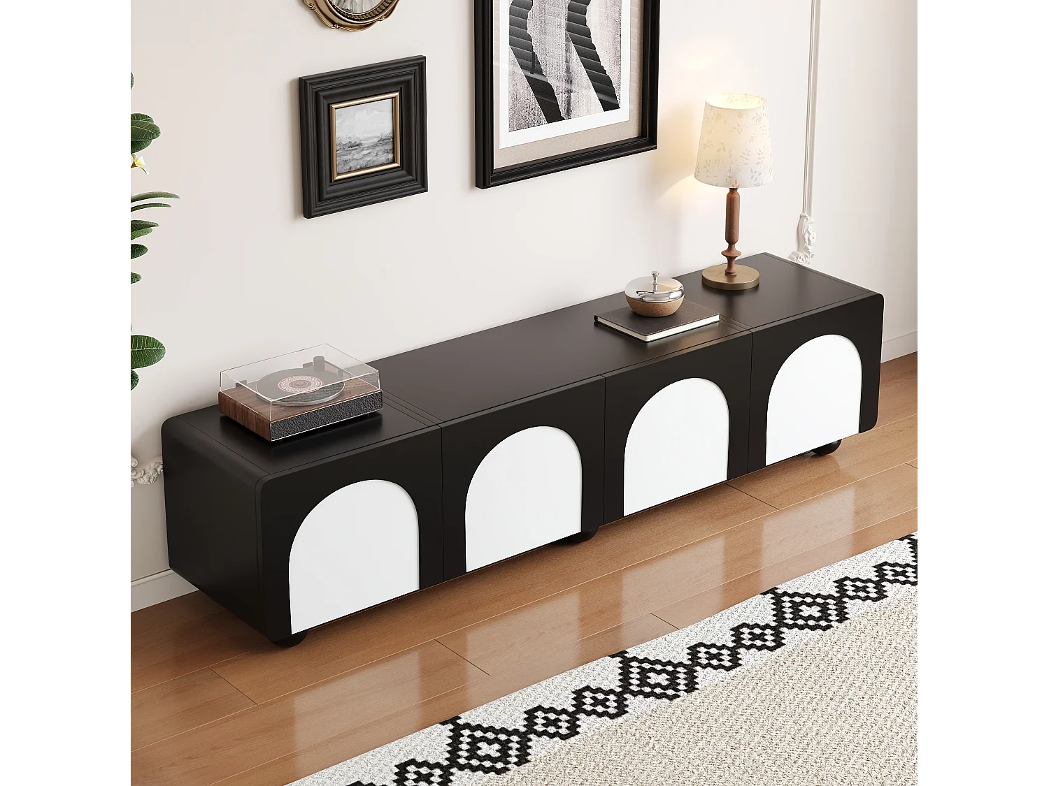 Meuble TV bas à 2 tiroirs et 2 portes - 180 x 38 x 45 cm - design classique - MDF - noir + blanc