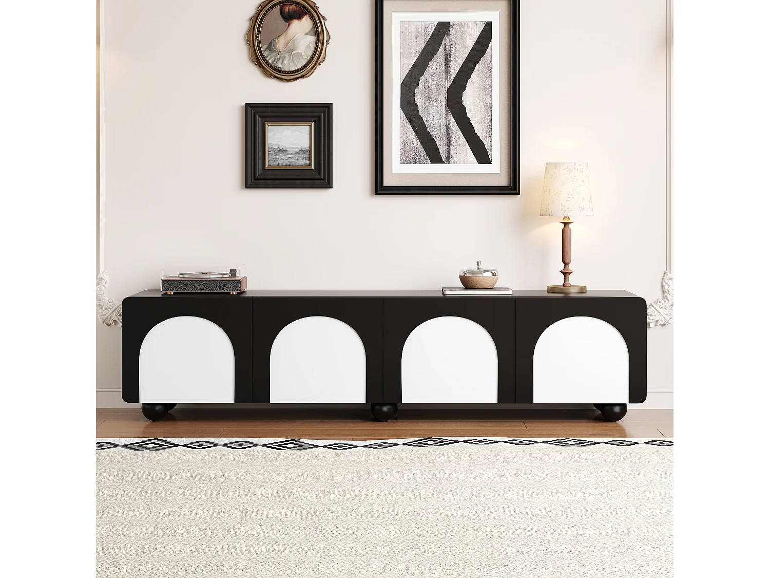 Meuble TV bas à 2 tiroirs et 2 portes - 180 x 38 x 45 cm - design classique - MDF - noir + blanc