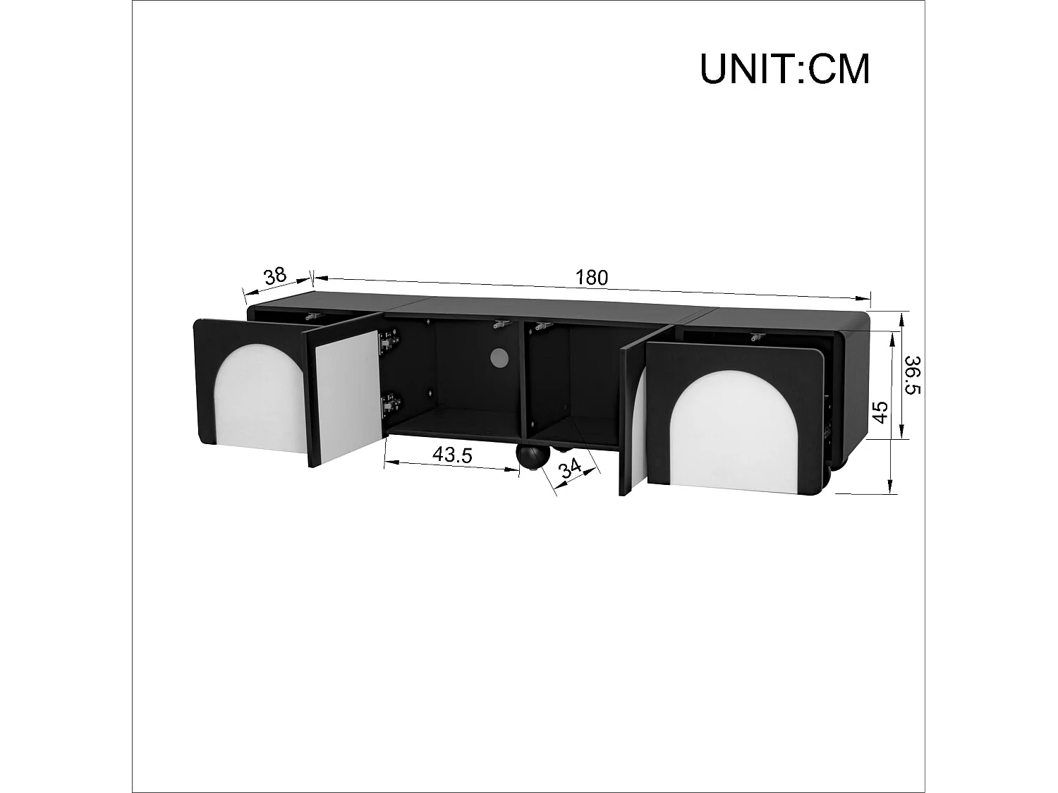 Meuble TV bas à 2 tiroirs et 2 portes - 180 x 38 x 45 cm - design classique - MDF - noir + blanc