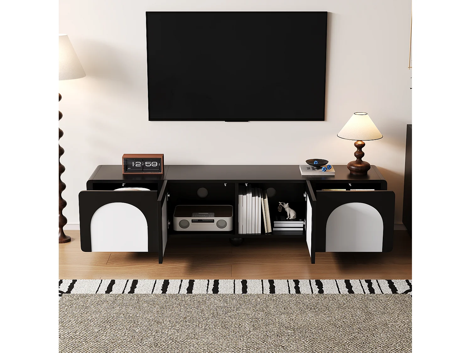 Meuble TV bas à 2 tiroirs et 2 portes - 180 x 38 x 45 cm - design classique - MDF - noir + blanc