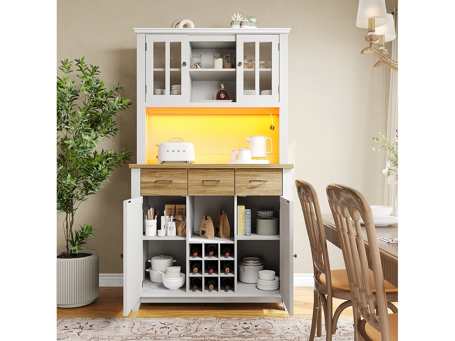 Buffet haut de cuisine avec 4 portes + 3 tiroirs + étagère + Leds - 106 x 40 x 179.5 cm - MDF - Blanc + naturel