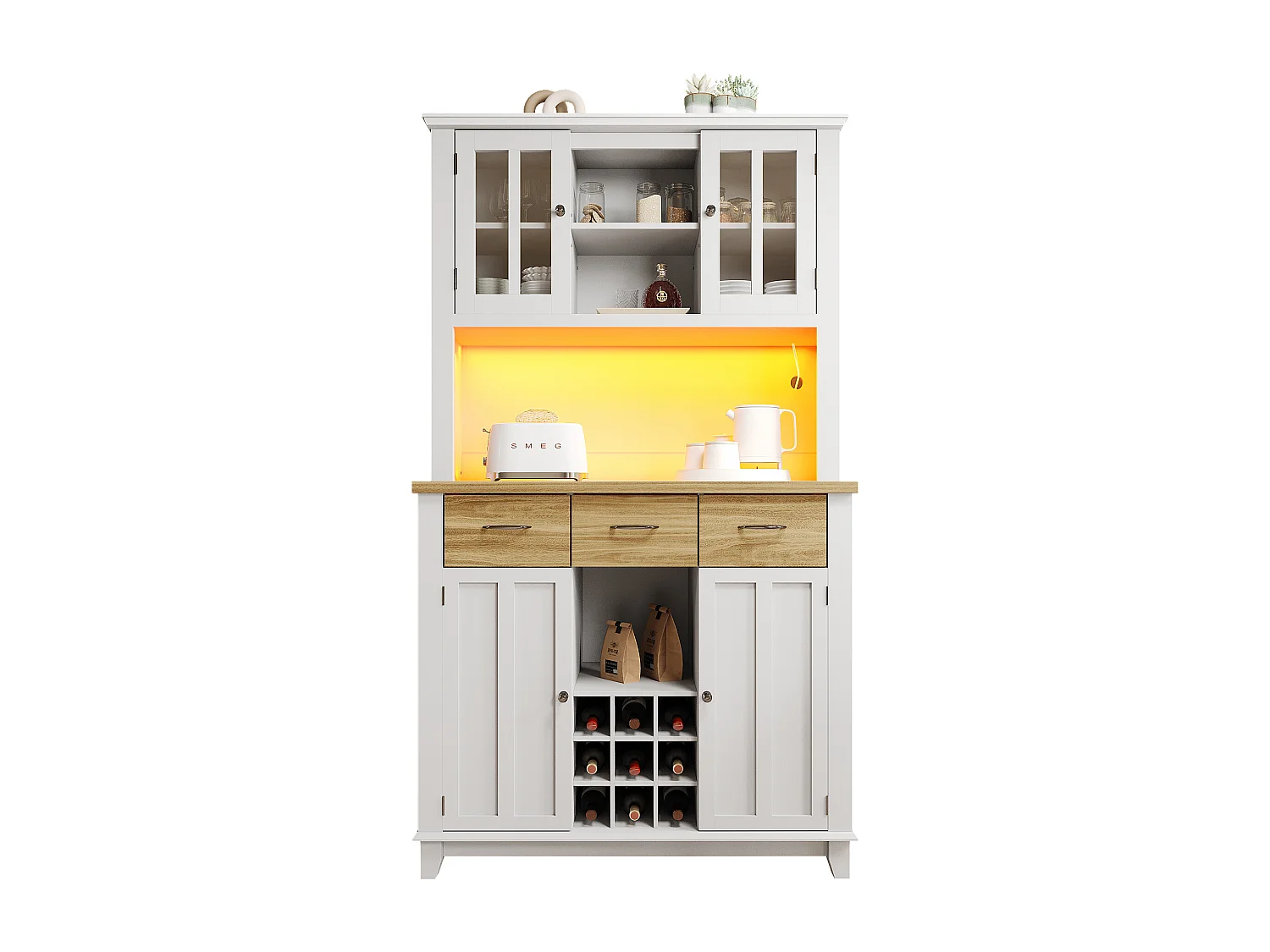 Buffet haut de cuisine avec 4 portes + 3 tiroirs + étagère + Leds - 106 x 40 x 179.5 cm - MDF - Blanc + naturel