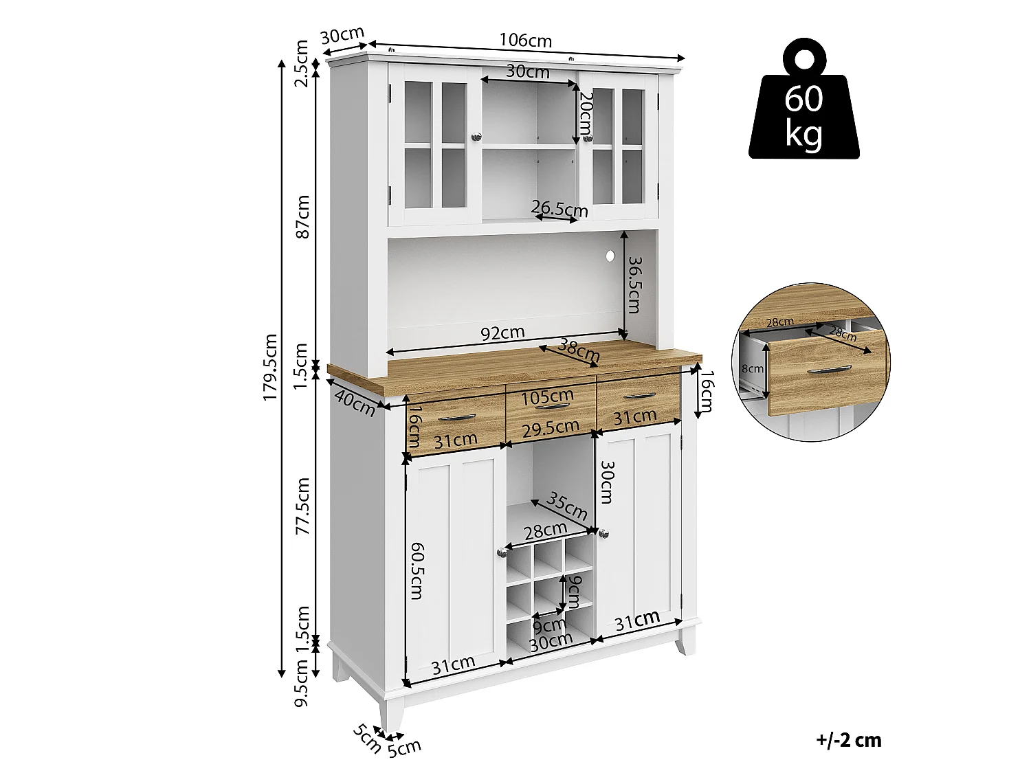 Buffet haut de cuisine avec 4 portes + 3 tiroirs + étagère + Leds - 106 x 40 x 179.5 cm - MDF - Blanc + naturel