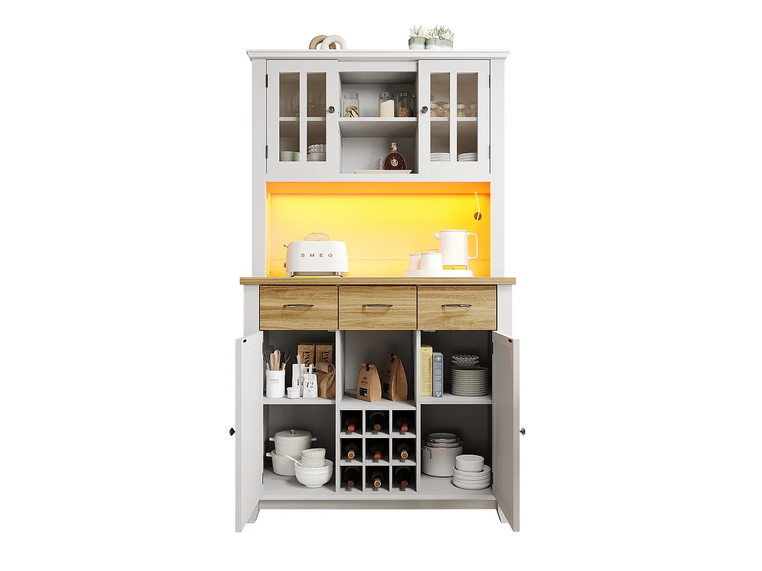 Buffet haut de cuisine avec 4 portes + 3 tiroirs + étagère + Leds - 106 x 40 x 179.5 cm - MDF - Blanc + naturel