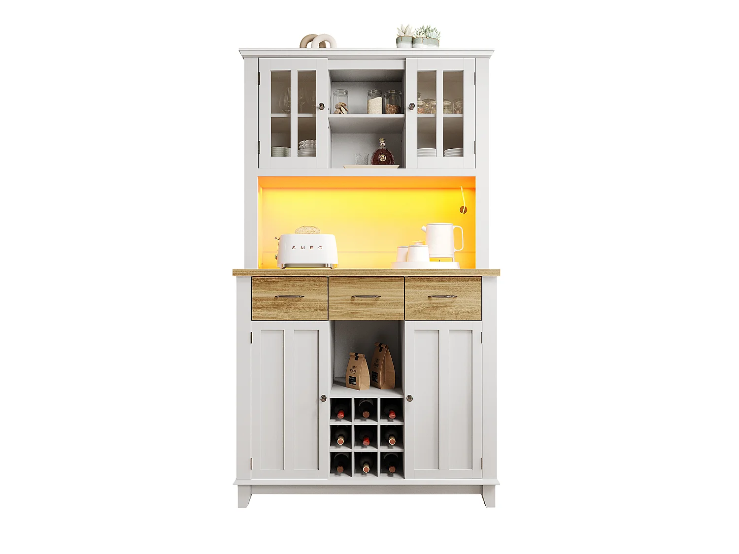 Buffet haut de cuisine avec 4 portes + 3 tiroirs + étagère + Leds - 106 x 40 x 179.5 cm - MDF - Blanc + naturel