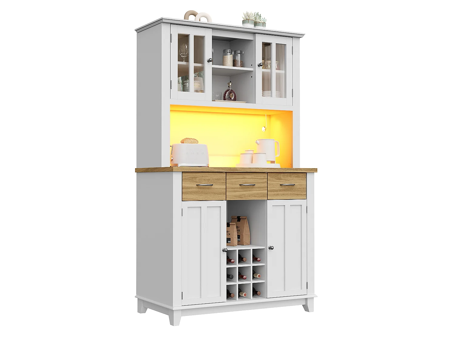 Buffet haut de cuisine avec 4 portes + 3 tiroirs + étagère + Leds - 106 x 40 x 179.5 cm - MDF - Blanc + naturel
