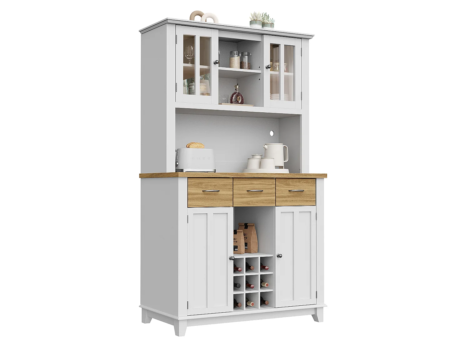 Buffet haut de cuisine avec 4 portes + 3 tiroirs + étagère + Leds - 106 x 40 x 179.5 cm - MDF - Blanc + naturel