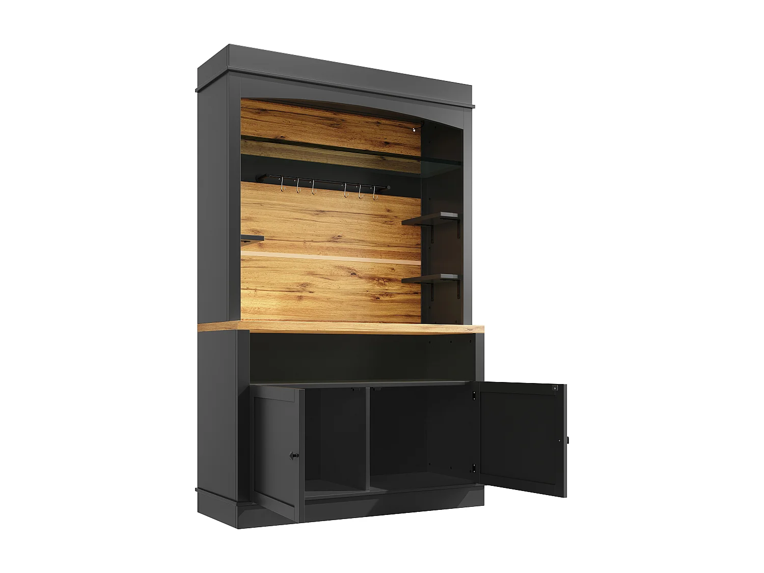 Buffet haute de cuisine - 2 x 107 x 43 x 184 cm - avec 2 portes + Leds + étagère ouverte - MDF + métal - noir