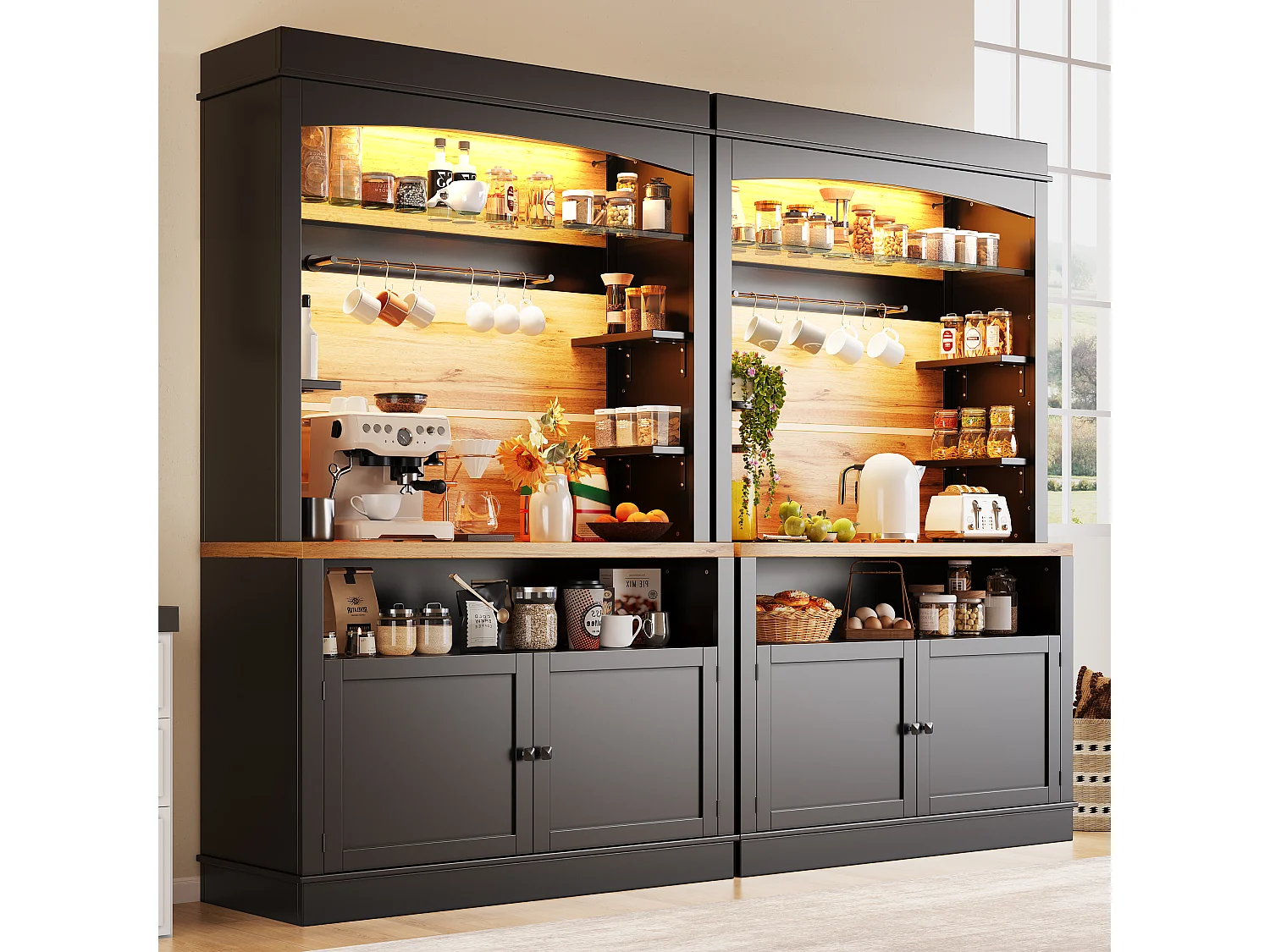 Høj køkkenskænk - 2 x 107 x 43 x 184 cm - med 2 låger + LED'er + åben hylde - MDF + metal - sort