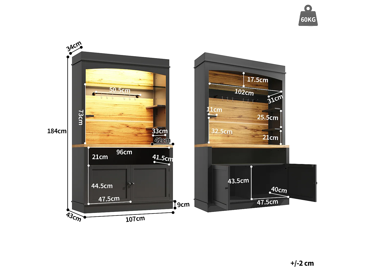 Høj køkkenskænk - 2 x 107 x 43 x 184 cm - med 2 låger + LED'er + åben hylde - MDF + metal - sort