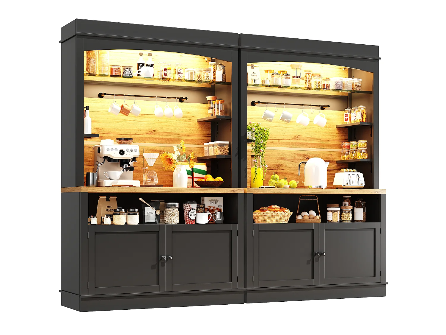 Høj køkkenskænk - 2 x 107 x 43 x 184 cm - med 2 låger + LED'er + åben hylde - MDF + metal - sort