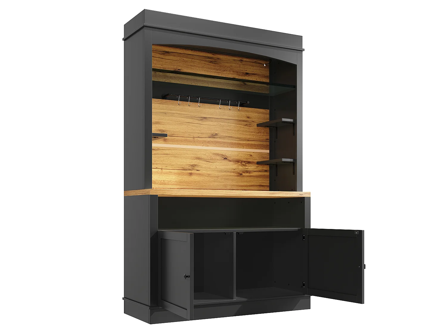 Høj køkkenskænk - 2 x 107 x 43 x 184 cm - med 2 låger + LED'er + åben hylde - MDF + metal - sort