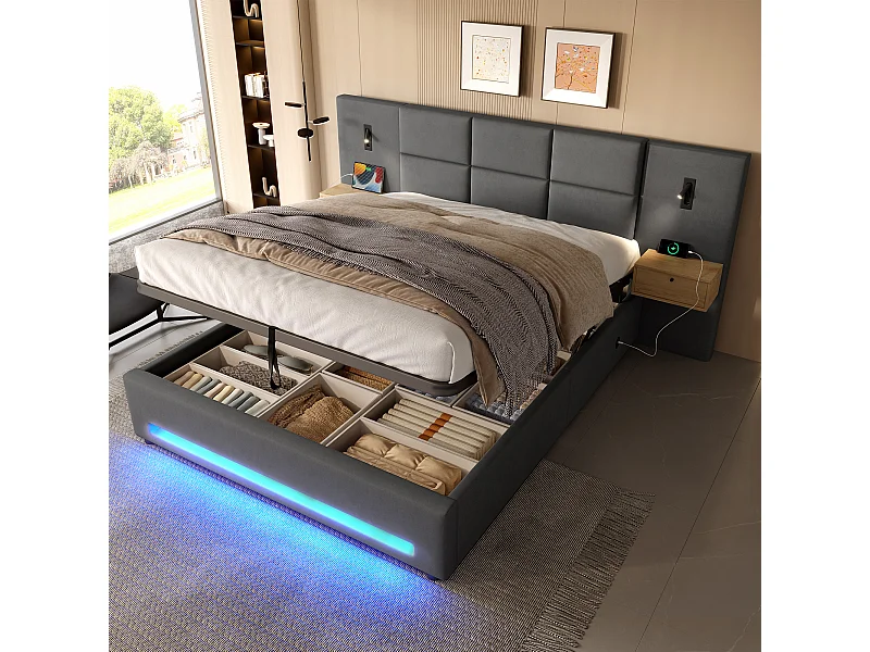 Gestoffeerd hydraulisch opbergbed - 180 x 200 cm - met hoofdbord met 2 lades + LED's + USB-C - fluweel - donkergrijs