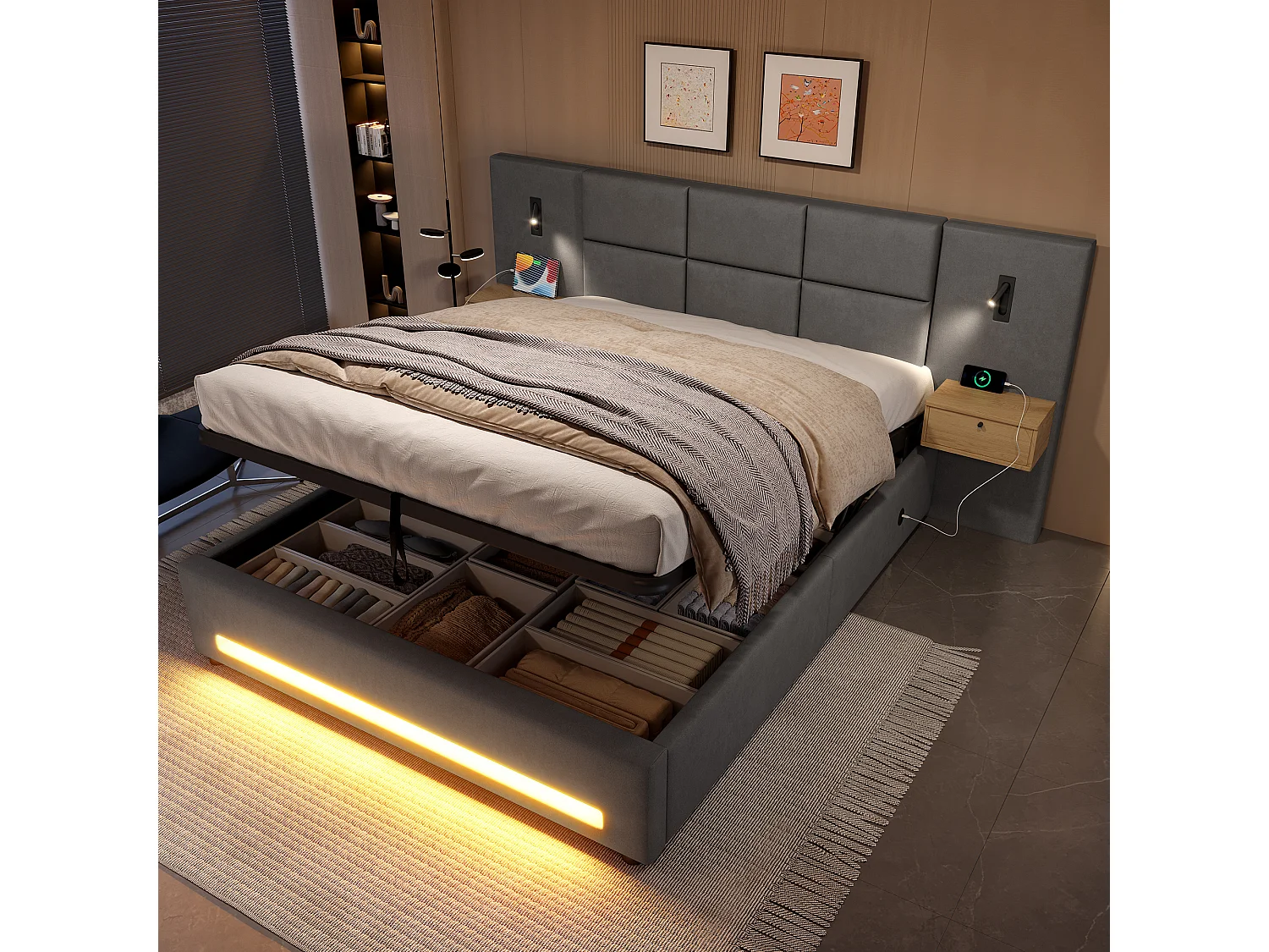 Gestoffeerd hydraulisch opbergbed - 180 x 200 cm - met hoofdbord met 2 lades + LED's + USB-C - fluweel - donkergrijs