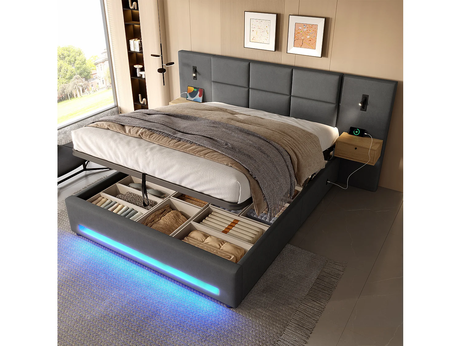 Polstret seng med hydraulisk opbevaring - 180 x 200 cm - med hovedgærde, 2 skuffer + LED'er + USB-C - fløjl - mørkegrå
