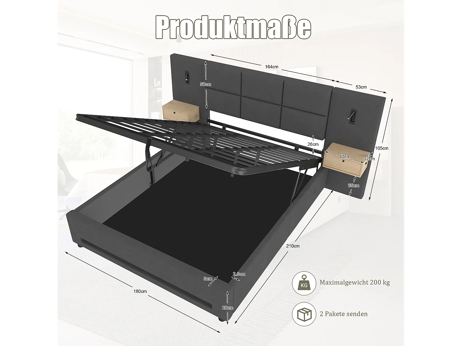 Polstret seng med hydraulisk opbevaring - 180 x 200 cm - med hovedgærde, 2 skuffer + LED'er + USB-C - fløjl - mørkegrå
