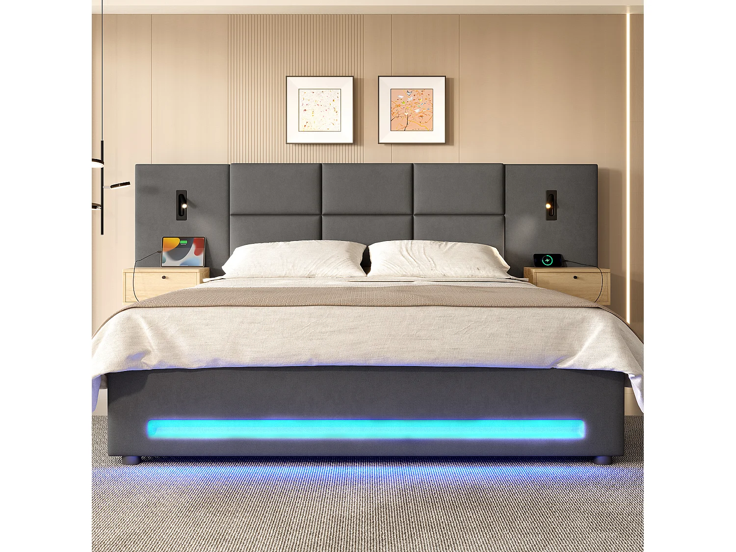 Polstret seng med hydraulisk opbevaring - 180 x 200 cm - med hovedgærde, 2 skuffer + LED'er + USB-C - fløjl - mørkegrå