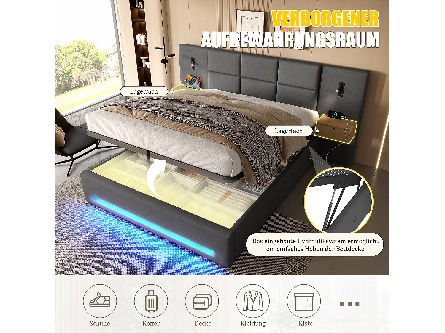 Polstret seng med hydraulisk opbevaring - 180 x 200 cm - med hovedgærde, 2 skuffer + LED'er + USB-C - fløjl - mørkegrå