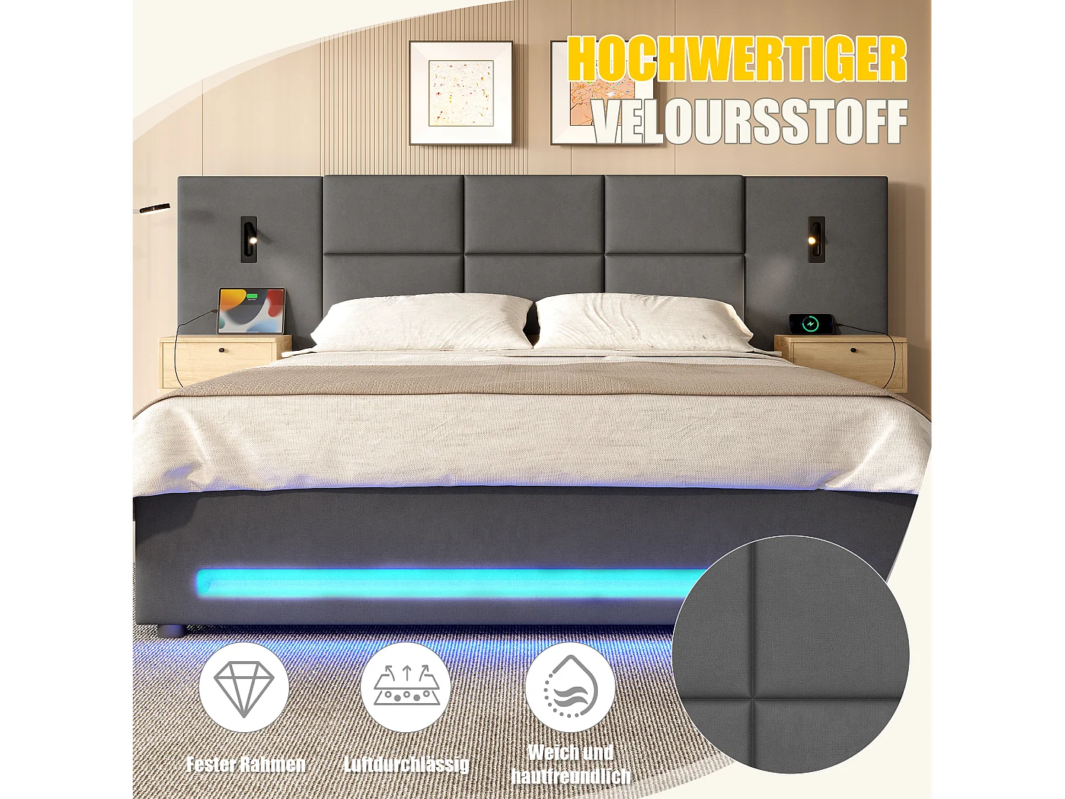 Polstret seng med hydraulisk opbevaring - 180 x 200 cm - med hovedgærde, 2 skuffer + LED'er + USB-C - fløjl - mørkegrå