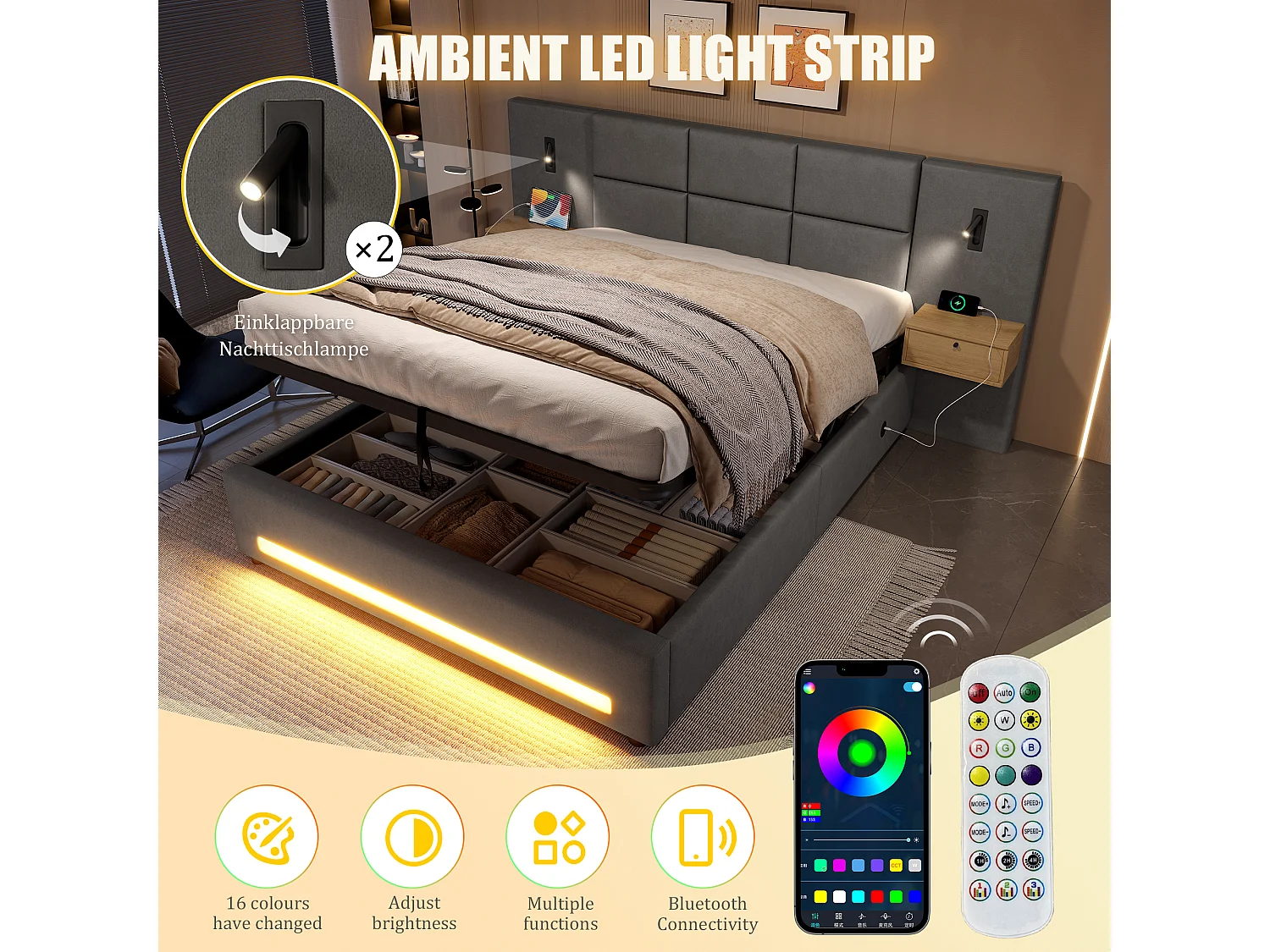 Polstret seng med hydraulisk opbevaring - 180 x 200 cm - med hovedgærde, 2 skuffer + LED'er + USB-C - fløjl - mørkegrå