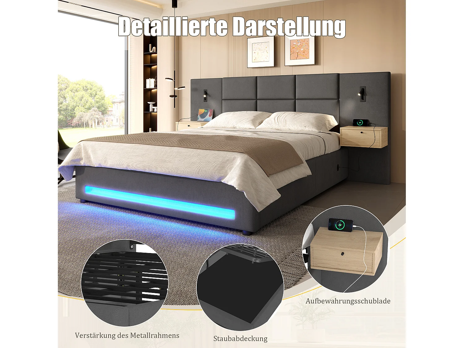 Polstret seng med hydraulisk opbevaring - 180 x 200 cm - med hovedgærde, 2 skuffer + LED'er + USB-C - fløjl - mørkegrå