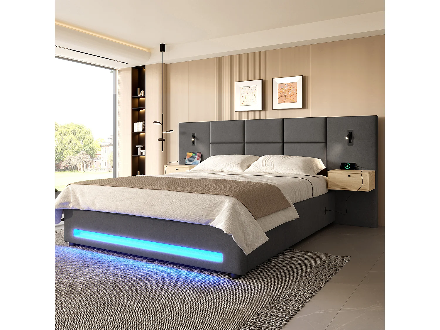 Polstret seng med hydraulisk opbevaring - 180 x 200 cm - med hovedgærde, 2 skuffer + LED'er + USB-C - fløjl - mørkegrå