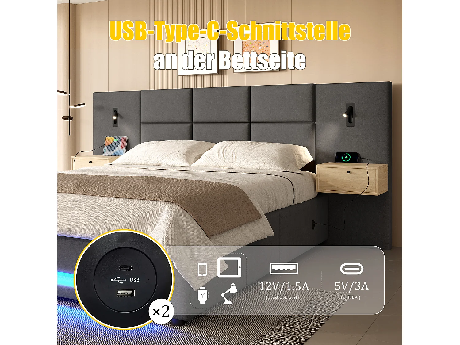 Polstret seng med hydraulisk opbevaring - 180 x 200 cm - med hovedgærde, 2 skuffer + LED'er + USB-C - fløjl - mørkegrå