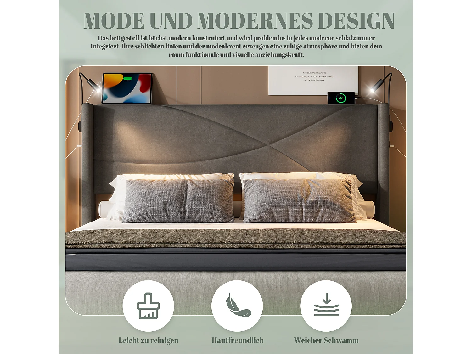 Lit coffre double - 160 x 200 cm - avec 2 lampes de lecture + Leds + rangement hydraulique + USB - velours - gris