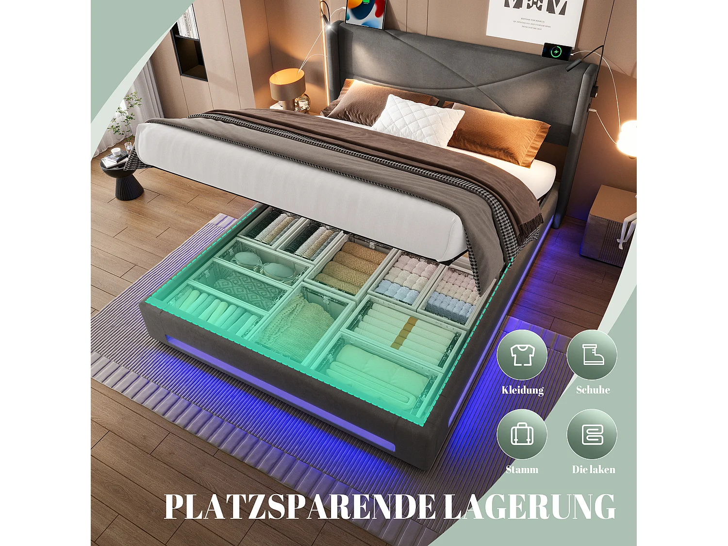 Lit coffre double - 160 x 200 cm - avec 2 lampes de lecture + Leds + rangement hydraulique + USB - velours - gris