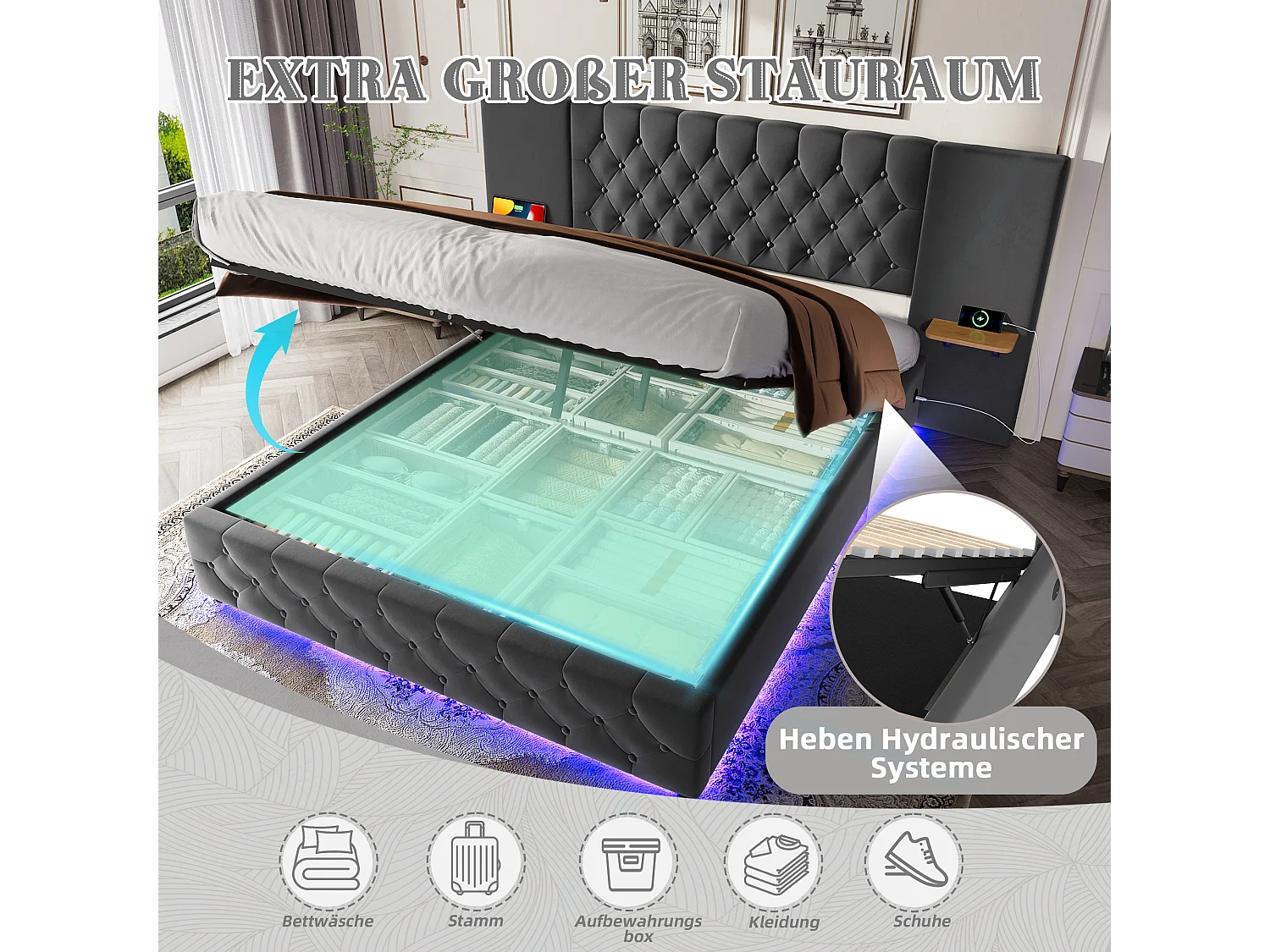 Lit coffre double - 140 x 200 cm - avec large tête de lit + Leds + rangement hydraulique + USB - velours - gris