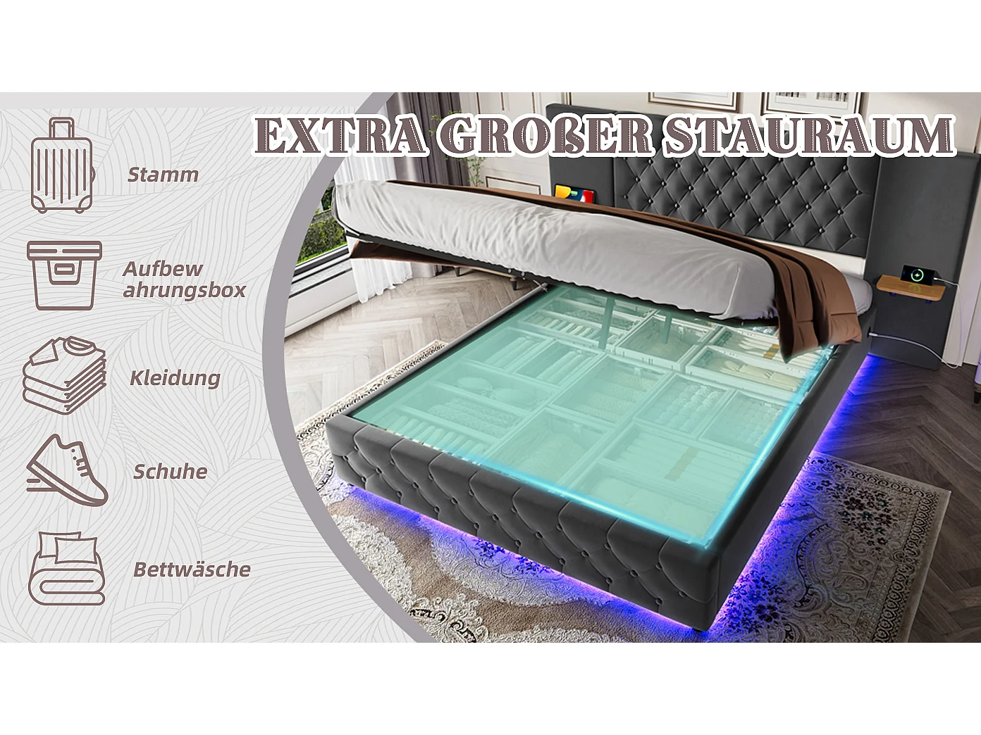 Lit coffre double - 140 x 200 cm - avec large tête de lit + Leds + rangement hydraulique + USB - velours - gris