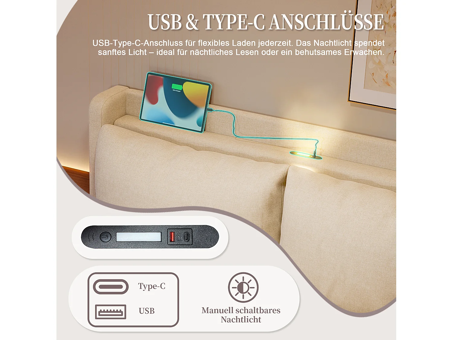Lit coffre moderne - 140 x 190 cm - avec tête de lit + USB-C + Leds + coussins amovibles - velours - beige