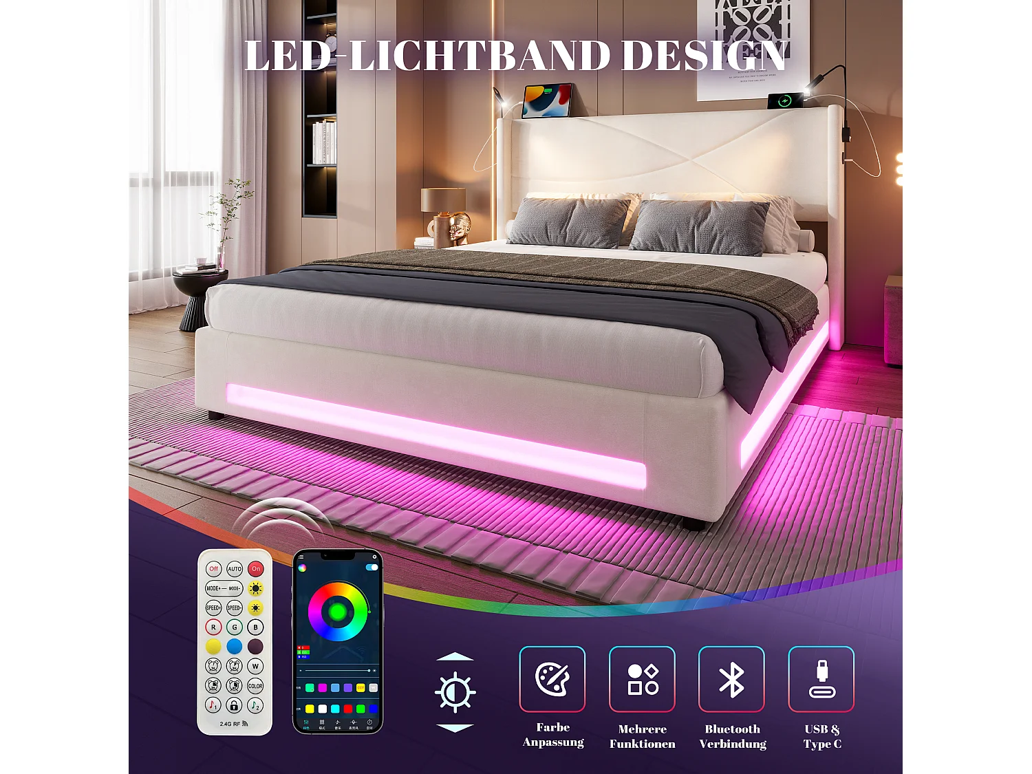 Cama doble con almacenaje - 140 x 200 cm - con 2 luces de lectura + LED + almacenaje hidráulico + USB - terciopelo - beige