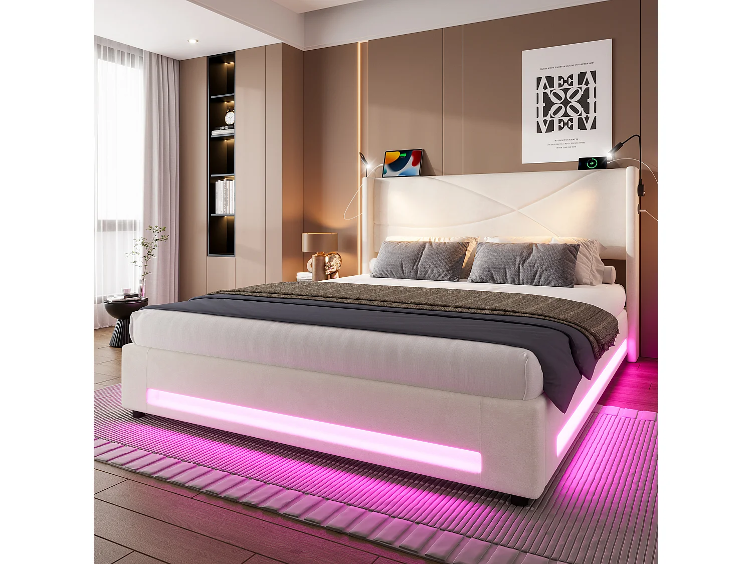 Cama doble con almacenaje - 140 x 200 cm - con 2 luces de lectura + LED + almacenaje hidráulico + USB - terciopelo - beige