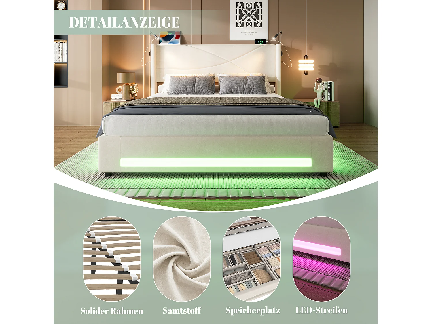 Cama doble con almacenaje - 140 x 200 cm - con 2 luces de lectura + LED + almacenaje hidráulico + USB - terciopelo - beige