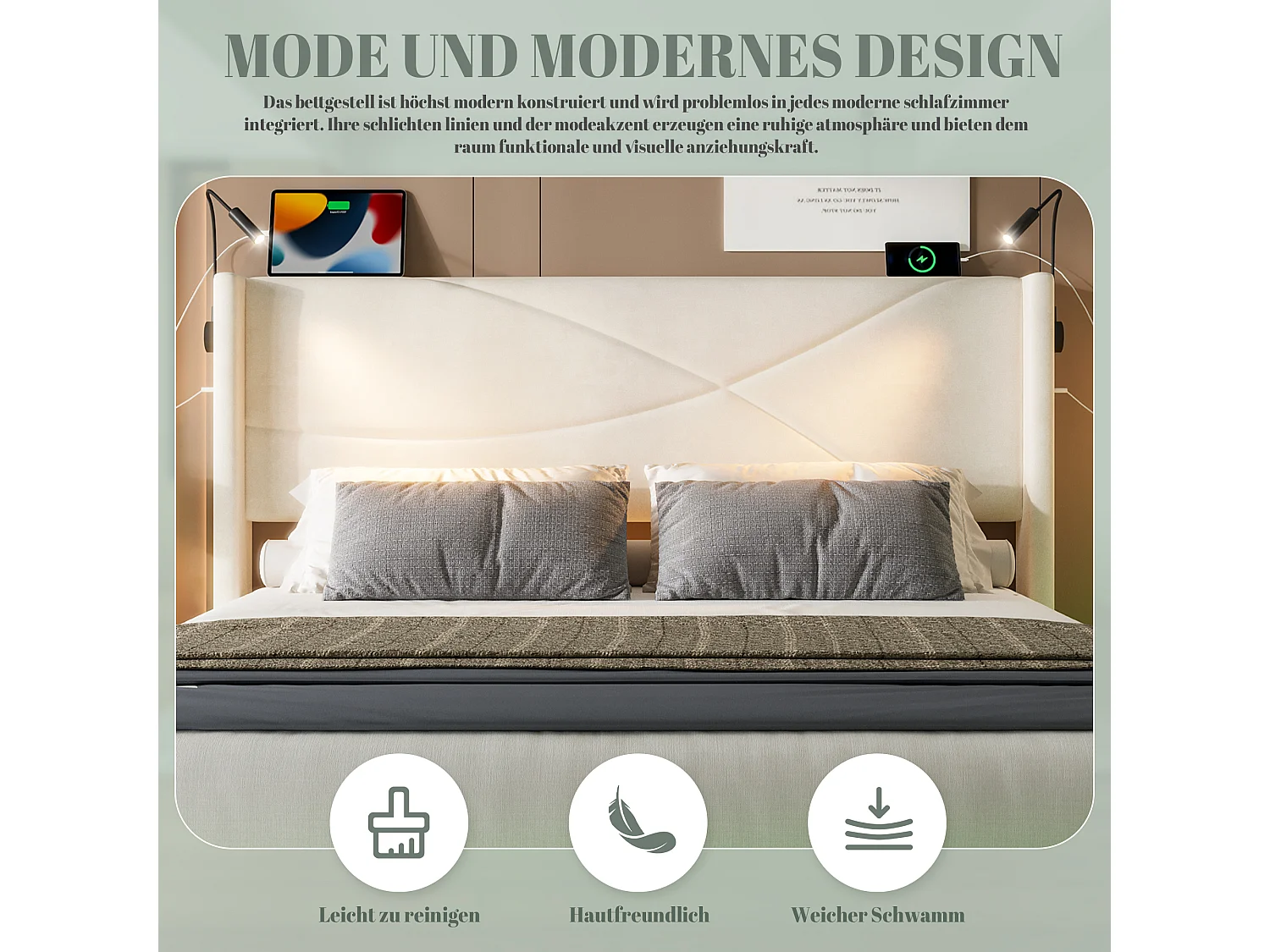 Cama doble con almacenaje - 140 x 200 cm - con 2 luces de lectura + LED + almacenaje hidráulico + USB - terciopelo - beige