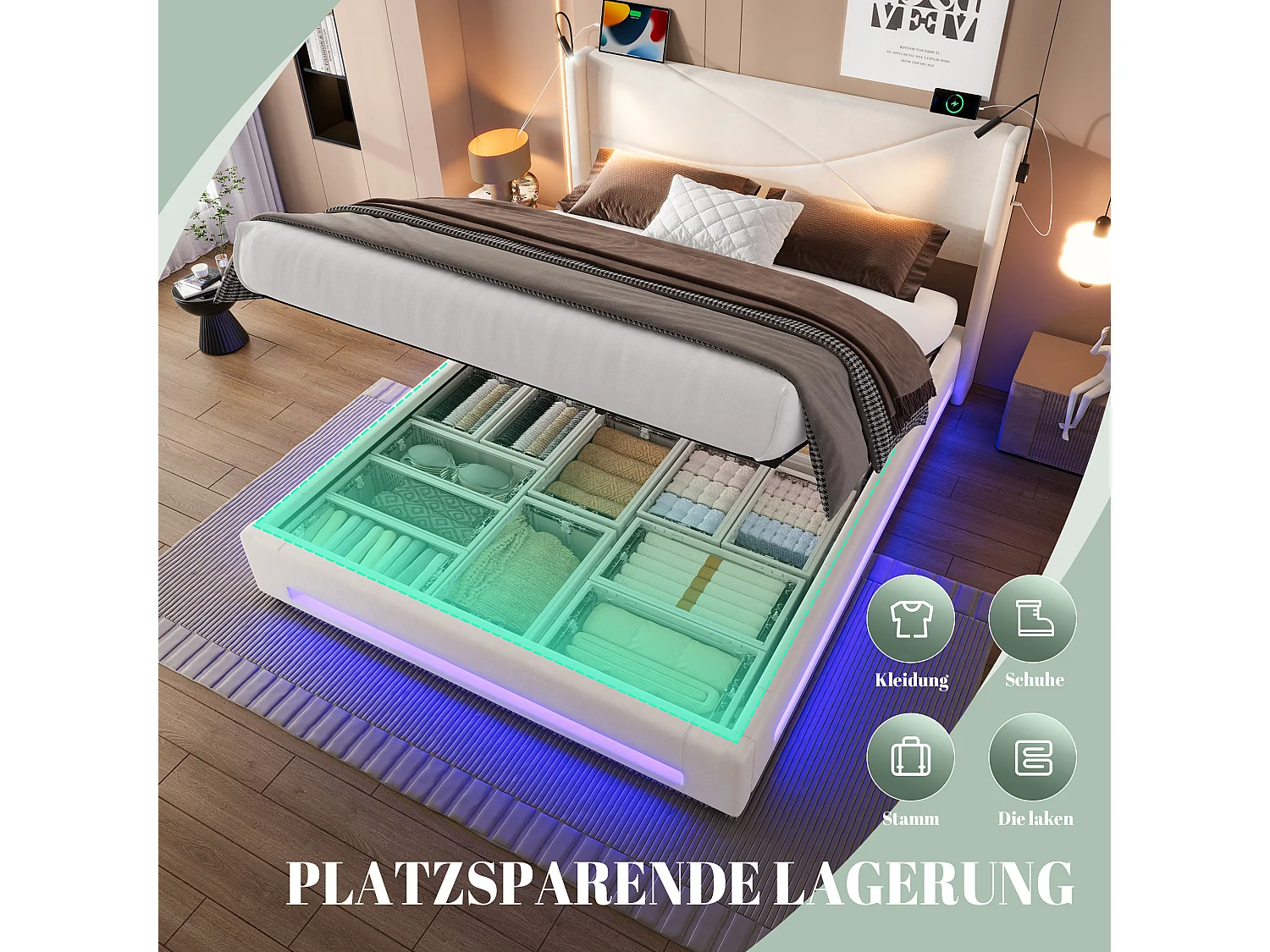Cama doble con almacenaje - 140 x 200 cm - con 2 luces de lectura + LED + almacenaje hidráulico + USB - terciopelo - beige